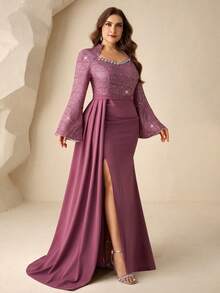 Coutiva 大码女士水钻装饰高端晚礼服，奢华亮片正式礼服，优雅派对礼服 - 藕粉色 - 查看 5