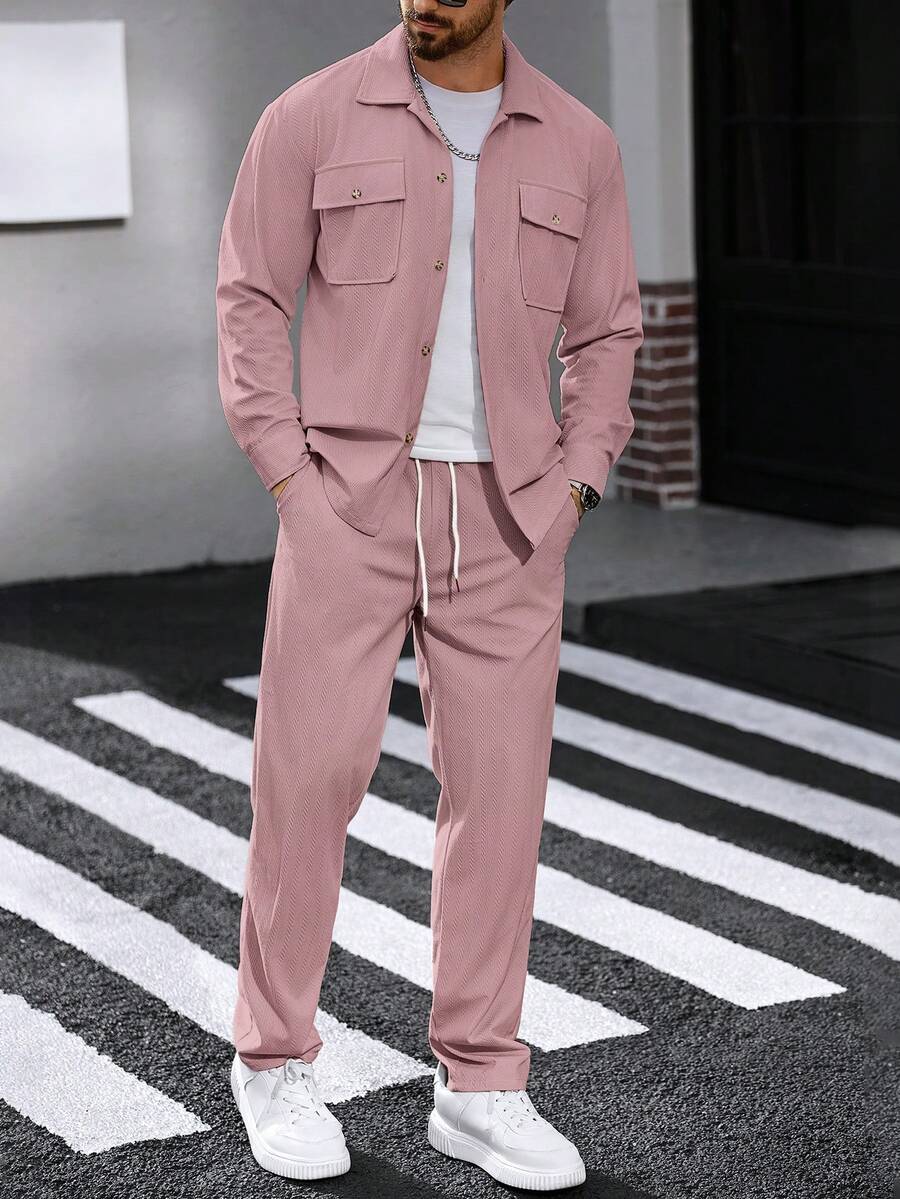Manfinity Homme 2 piezas Conjunto de camisa de trabajo de pana para hombres Conjunto casual de dos piezas para hombres Conjunto de traje de ocio de 2 piezas para hombres Conjunto de chándal de 2 piezas para hombres - Rosa - Ver 1