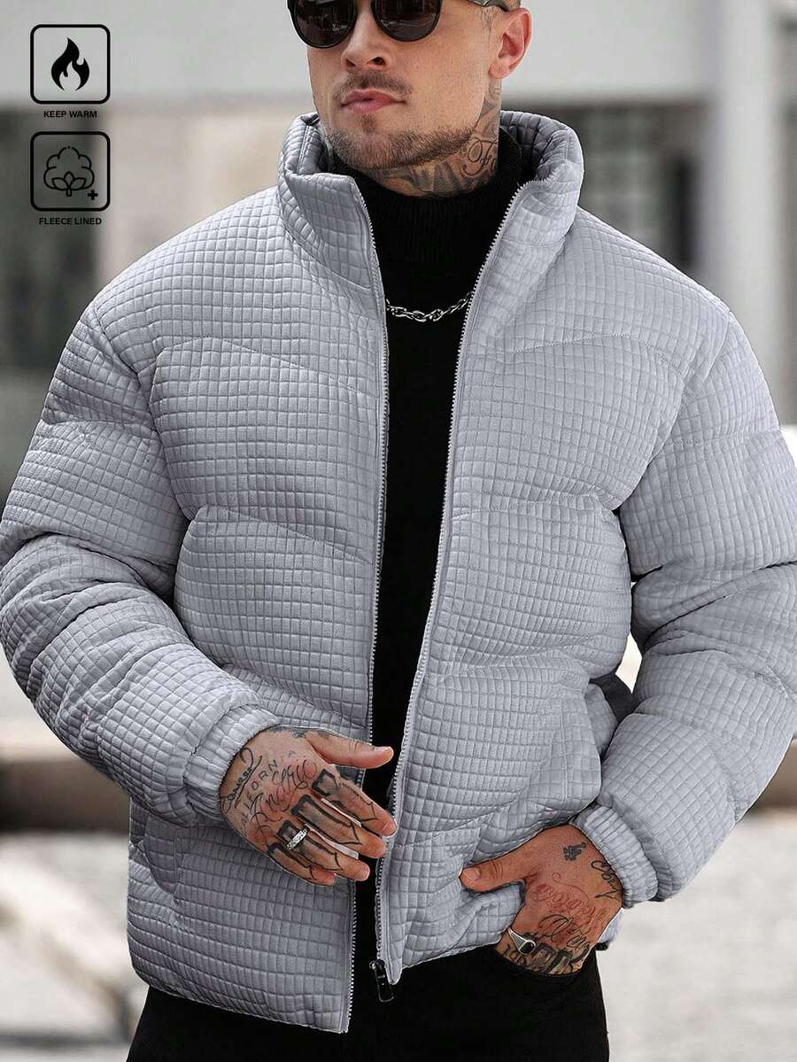 Manfinity CasualCool 男士纯色立领长袖保暖拉链羽绒服，冬季 - 灰色 - 查看 1