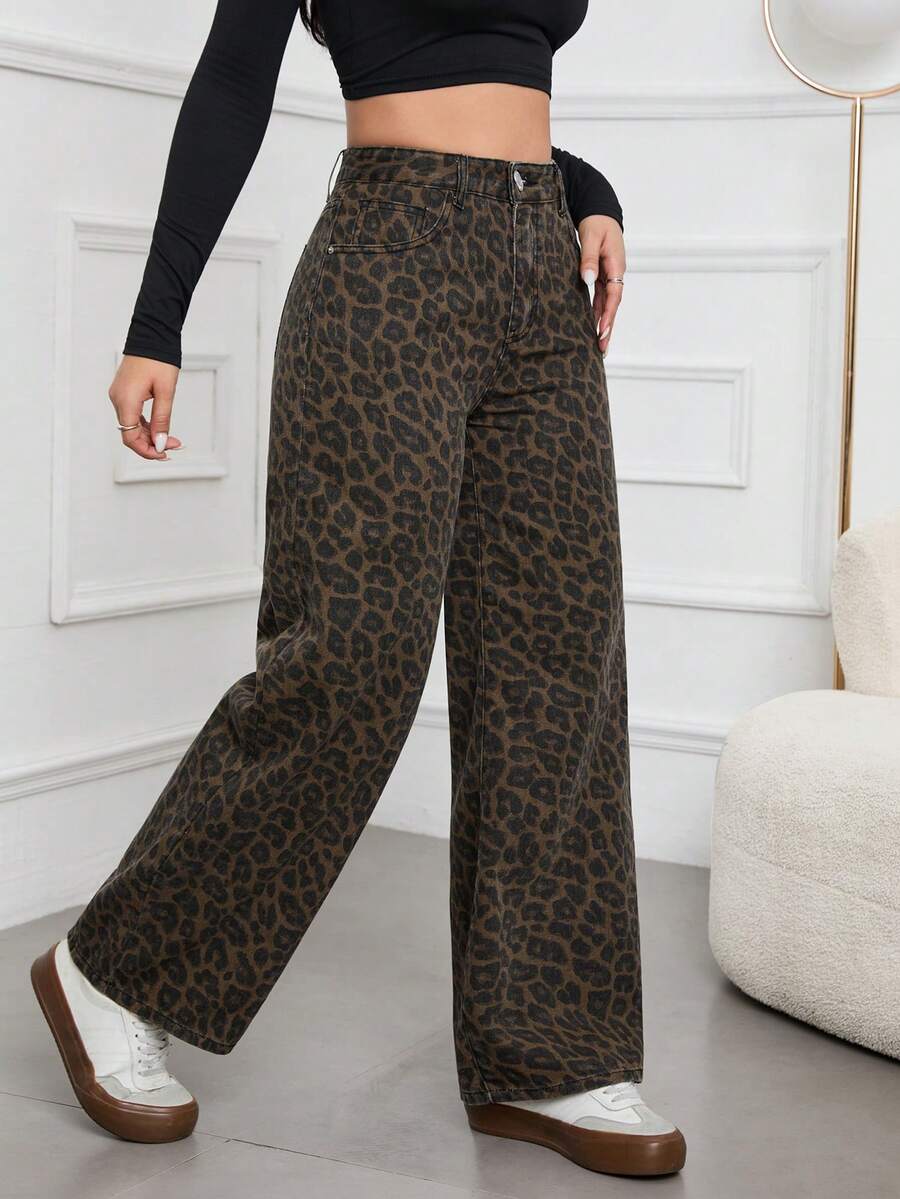 SHEIN ICON Women's High Waist Leopard Print Pocket Wide Leg Loose Casual Denim Pants - Multicolor - View 1