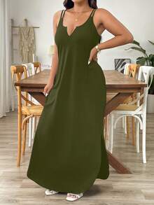 SHEIN Tall 优雅通勤及晚间休闲无袖V领宽松长连衣裙，面料舒适，百搭，黑色，大码及高个款 - 軍綠色 - 查看 3