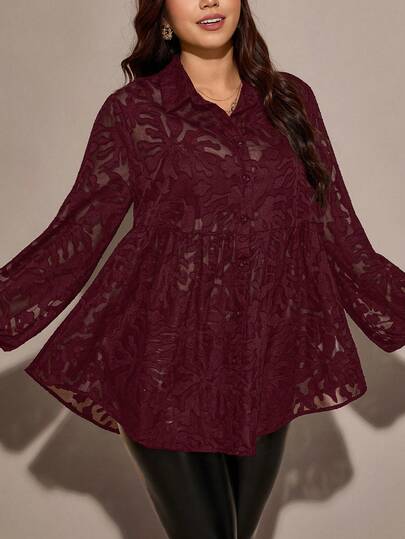Comfylo Plus Size Women Elegant Lantern Sleeve Sheer Cut-Out Blouse