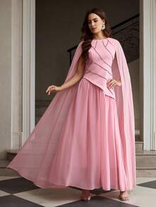 ZEYLAH Women's Round Neck Rhinestone Decor Luxurious Elegant Extra Long Cloak Dress - Baby Pink - View 1