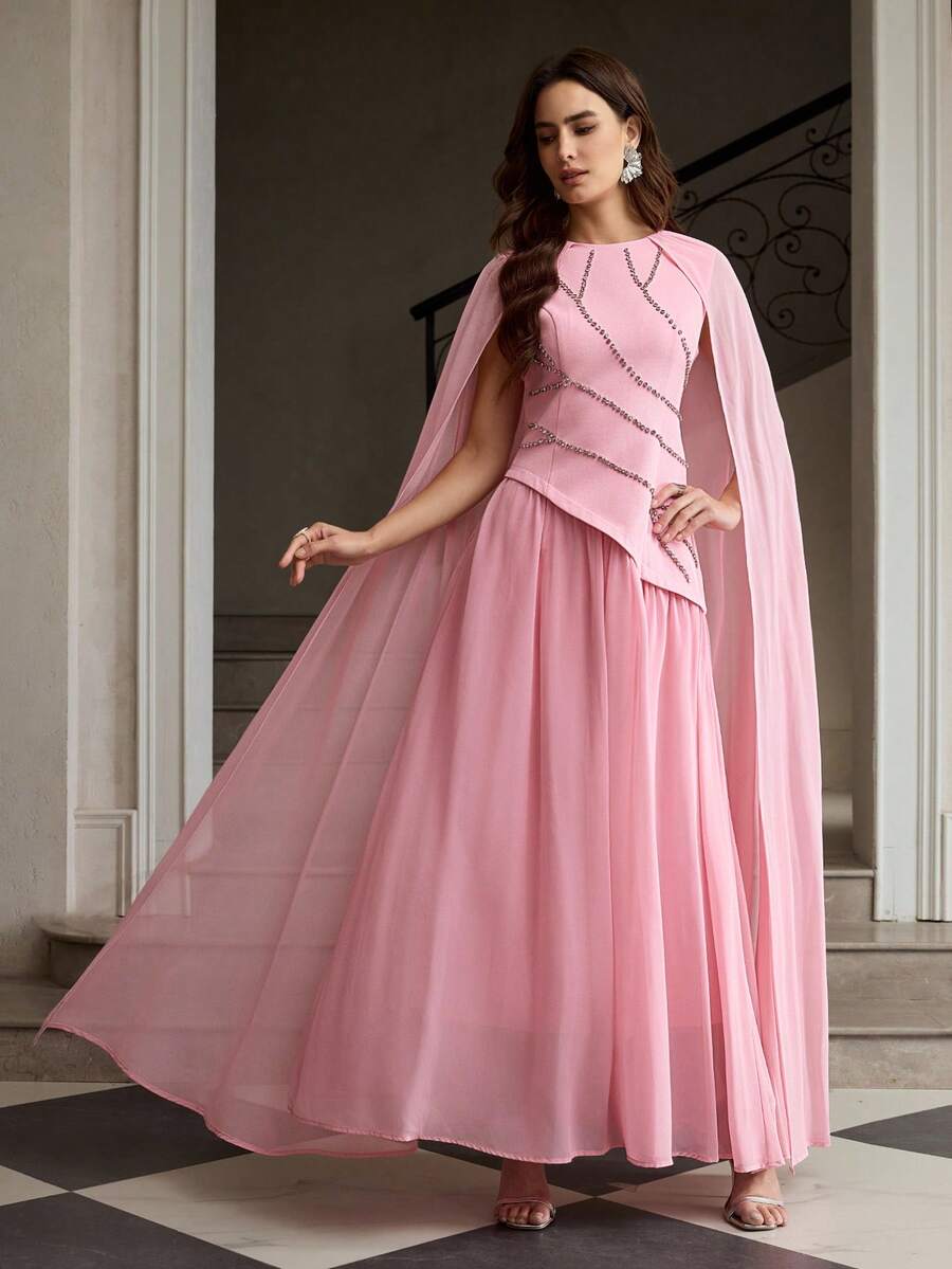 ZEYLAH Women's Round Neck Rhinestone Decor Luxurious Elegant Extra Long Cloak Dress - Baby Pink - View 1