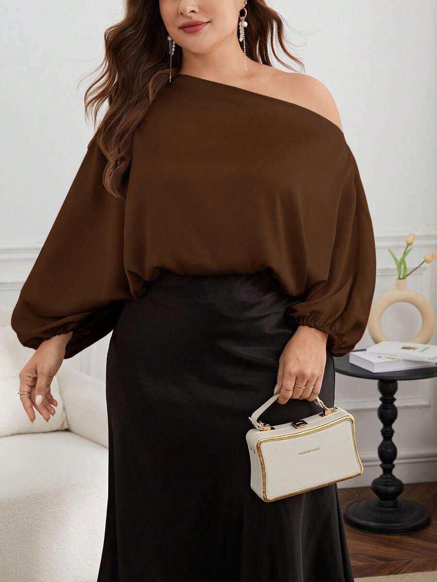SHEIN Privé Áo kiểu nữ cỡ lớn màu trơn tay cánh dơi, kiểu dáng thanh lịch, vai lệch. - Lạc đà - Xem 1