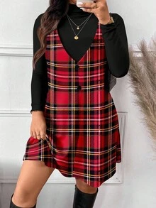 SHEIN Frenchy 休閒格紋印花無袖洋裝與純色長袖T恤2件套，大尺碼/冬季格紋迷你洋裝 女款 - 紅色 - 查看 4
