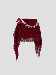 Sweetra Chân váy mini xòe dáng vintage thanh lịch, gợi cảm với họa tiết ren phối ghép, vạt áo xếp ly bất đối xứng, thích hợp cho tiệc Valentine. - Màu Đỏ Sâu - Xem 1