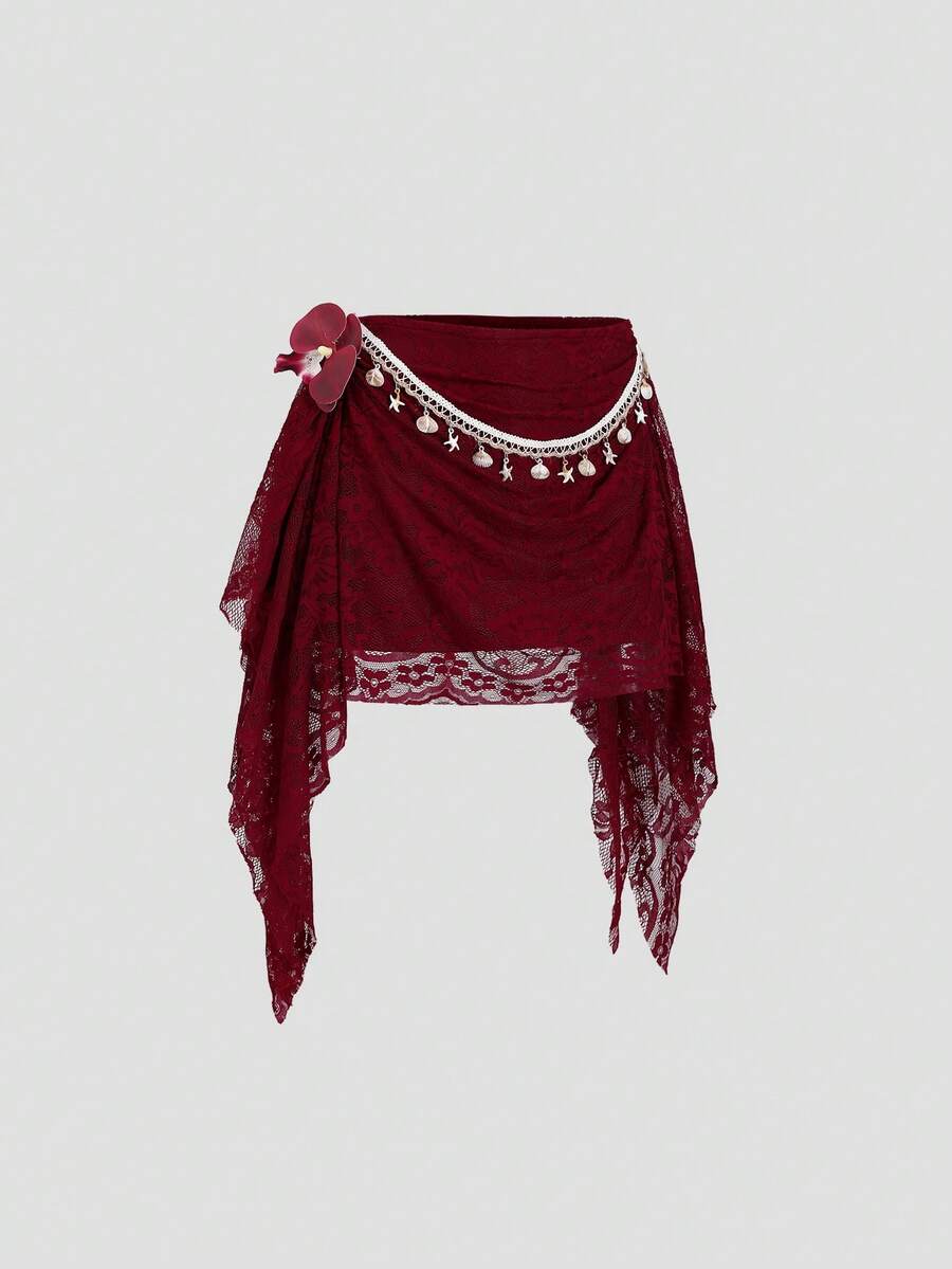 Sweetra Chân váy mini xòe dáng vintage thanh lịch, gợi cảm với họa tiết ren phối ghép, vạt áo xếp ly bất đối xứng, thích hợp cho tiệc Valentine. - Màu Đỏ Sâu - Xem 1