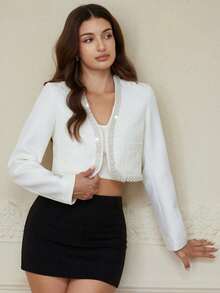 Aveloria Rosie Fashionable Tweed Beaded Embellished Long Sleeve Jacket