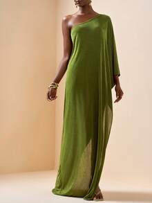 Zivah New Elegant High Slit Robe, One Shoulder Sleeve, Military Green Beach Cover Up, Suitable For Vacation, Beach, Pool Party - Army Green - View 3
