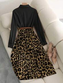 Franclia 女士优雅收腰修身豹纹褶裥连衣裙，适合办公室和通勤穿着。 - 黑色 - 查看 2