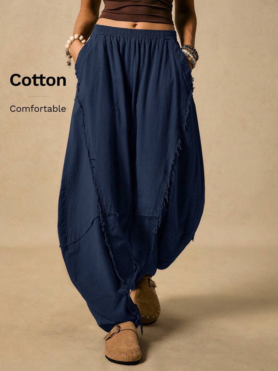 Easelle Women's Casual Fashion Street Chic Minimalist Solid Color Elastic Waist Side Pockets Raw Edge Banana Pants Boho Pants For Women Harem Pants Women Baggy Pants Women Tassel Pants - Navy Blue - View 1