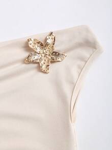 Sweetra Beige Summer Elegant Bar Party French Style Asymmetrical Shoulder Tie Waist Jumpsuit With Metal Buckle, Straight Leg Design For Early Spring - Apricot - View 3