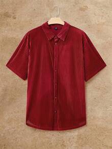 EASEVO 加大码男士休闲条纹短袖衬衫，夏季男士衬衫，红色男士高档衬衫，男士夏季纽扣衬衫 - 紅色 - 查看 2
