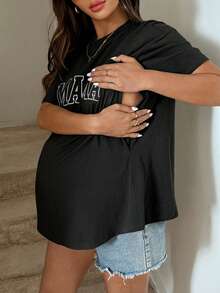 SHEIN Maternity Loose Fit Round Neck Short Sleeve Nursing Top - Black - View 2