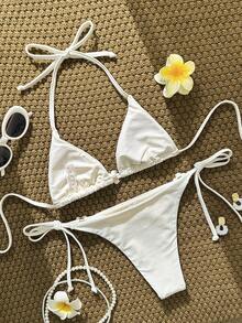 Swim Mod Bộ bikini nữ màu trơn buộc cổ yếm, họa tiết hoa, thích hợp cho mùa xuân/hè. - Màu be - Xem 4