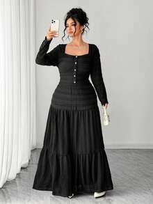 Elenzga Plus Size Women Solid Color Single-Breasted Long Sleeve T-Shirt And Midi Skirt Elegant 2-Piece Set Black Dresses For Women,Autumn Dinner Long Dress - Black - View 1