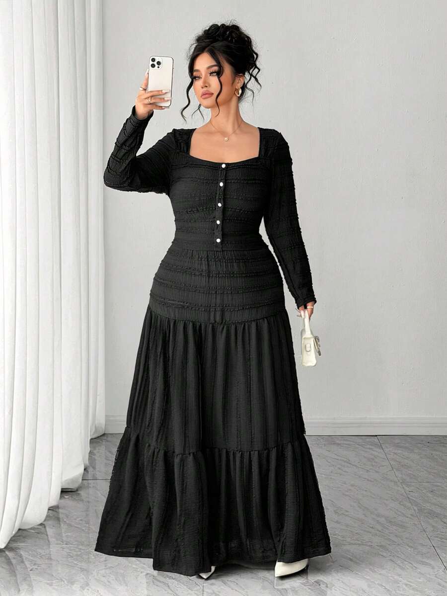 Elenzga Plus Size Women Solid Color Single-Breasted Long Sleeve T-Shirt And Midi Skirt Elegant 2-Piece Set Black Dresses For Women,Autumn Dinner Long Dress - Black - View 1
