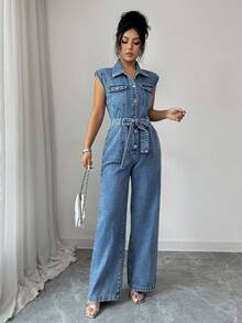 Elenzga 女士休闲水洗无袖牛仔连体裤