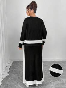 Elenzga 大码不规则撞色圆领长袖宽松T恤+不规则撞色直筒连衣裙两件套，优雅百搭，适合外出、派对、约会、通勤、休闲等场合。 - 黑與白 - 查看 2