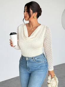 Firerie 大码女式纯色圆领长袖休闲T恤 - 杏色 - 查看 6