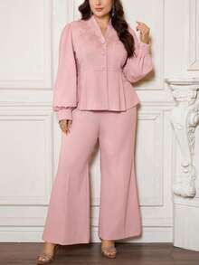 Firerie Plus Size Women 2pcs Set - Pink Lantern Sleeve Top And Pants, Elegant Outfit Suitable For Traditional Gatherings, Parties, Commute And Workplace Blouse And Pants Set Modest Two Piece Set Elegant 2 Piece Set Formal Two Piece Set - Dusty Pink - View 7