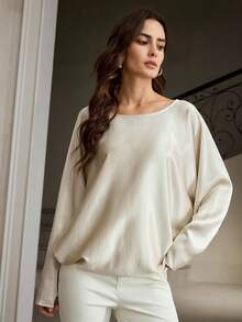 ZEYLAH Women's Contrast Lace Batwing Sleeve Loose Elegant Blouse - Champagne - View 4