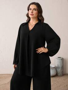 SHEIN Essnce Plus Size Casual Black Woven Fabric Pants Suit Set For Women Long Sleeve Tunic And Long Pants Co-Ord - Black - View 3