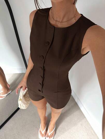 Siren Gaze Summer New Solid Color Round Neck Sleeveless Fashionable Minimalist Design Jumpsuit For Women Brown Bodycon Dress Brown Romper Women