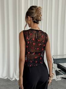 Siren Gaze Women's Sequin Heart Lace Round Neck Loose Fashion Camisole See Through Top Sequin Top Lacey Top Sheer Top - Black - View 2