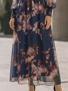EMERY ROSE Robe élégante pour femmes avec col en V profond, tricot torsadé, taille fluide, imprimé floral semi-transparent et manches évasées - Multicolore - Voir 5
