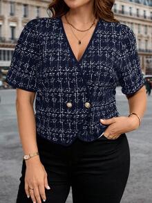 SHEIN Clasi Plus Size Women V-Neck Plaid Button Decor Short Sleeve Jacket - Royal Blue - View 1