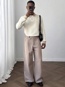 HUEFORM 男士 Ole Money 长袖纹理面料撞色 Polo 衫，适合外出和通勤穿着，杏色针织 Polo 衫，纽扣款 - 杏色 - 查看 5