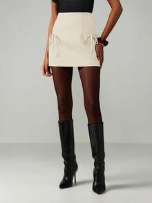 MISSGUIDED Bow Detail A Line Mini Skirt High Waisted Cinched Side Tie Casual Fall Winter Office Elegant Fitted - Cream - View 4