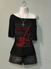 Attitoon Casual Minimalist Guitar Graphic Dropped Shoulder Women T-Shirt, Suitable For Summer - Black - View 3