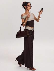 SHEIN BAE 女士腰部条纹拼接阔腿宽松休闲裤 - 咖啡棕 - 查看 4