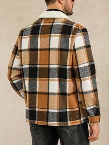 Manfinity Homme Plus Size Men's Casual Vintage Striped Long Sleeve Jacket, Suitable For Daily Outings Plaid Jacket Plaid Flannel Flannels For Men Jackets For Men - Khaki - View 2