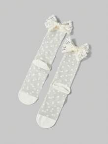 ROMWE Kawaii Kaus Kaki Wanita Setengah Betis dengan Hiasan Pita dan Detail Berkilau - A1 putih pudar - View 4