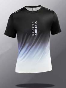 SHEIN 青少年男童黑白渐变运动字母撞色圆领T恤，休闲运动服，舒适时尚，适合日常穿着、上学、郊游、篮球、足球、健身等户外运动，春夏皆宜。 - 黑與白 - 查看 3