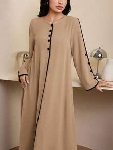Veilorie Women's Round Neck Long Sleeve Button Design Loose Arabic Style Dress - Khaki - View 5