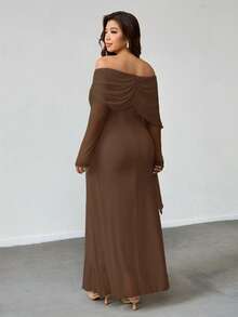 Firerie 大码女式优雅休闲度假约会派对下午茶精致迷人ins风时尚褶皱露肩披肩不对称下摆弹力长袖连衣裙 - 咖啡棕 - 查看 2
