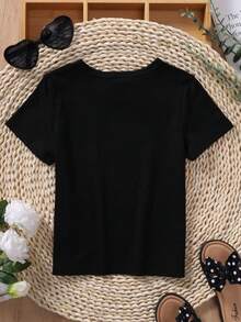 SHEIN Áo thun ngắn tay cổ tròn in chữ hoạt hình dành cho bé gái, kiểu dáng thường ngày, đa năng. - màu đen - Xem 2