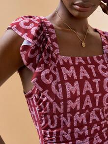 Zivah بدلة سباحة قطعة واحدة ذات أكمام مكشكشة أنيقة جديدة، ذات قاعدة حمراء مع طباعة حرفية، مناسبة للشاطئ والحمام والحفلات - بني - مشاهدة 2