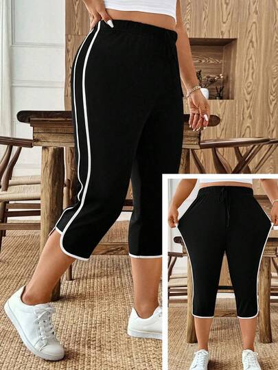 SHEIN CURVE+ Pantalones sueltos de mujer talla grande, elegantes y deportivos, con lazo y rayas