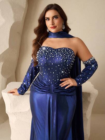 Coutiva Plus Size Women's Ribbon Design Faux Pearl Decor High-End Evening Gown, Formal Dance Party Dress With Elegant Vibe Plus Size Royal Blue Dress Plus Size Evening Gown Curve Formal Evening Gown Plus Size Formal Dress Strapless Plus Size Dress