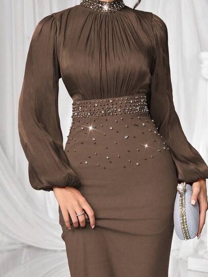 Coutiva Luxury Evening Gown, Stand Collar Long Sleeve Rhinestone Embellished Elegant Formal Dress Elegant Brown Dress Long Sleeve Elegant Dress Chocolate Brown Dress Brown Elegant Dress Coffee Brown Dress Classy Brown Dress Luxury Modest