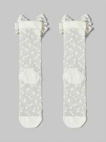 ROMWE Kawaii Kaus Kaki Wanita Setengah Betis dengan Hiasan Pita dan Detail Berkilau - A1 putih pudar - View 3