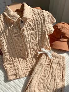 SHEIN 两件套男童纹理面料 Polo 衫（带领和纽扣）和纹理面料短裤套装，舒适休闲假日风格，适合户外玩耍、街头摄影、派对、城市漫步 - 杏色 - 查看 6