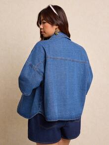 Elaquor 大码蓝色牛仔衬衫，休闲短袖衬衫，宽松牛仔上衣，经典夏季休闲款 - 藍色 - 查看 6