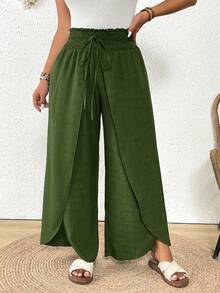 SHEIN Frenchy 大码女式纯色腰带开衩阔腿裤，橄榄绿阔腿裤，适合海滩度假，春季女式下装 - 墨綠色 - 查看 3